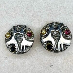 Vintage Artisan Sterling Clip On Earrings Deer, Faux Pearl, Crystals 24.2 Grams